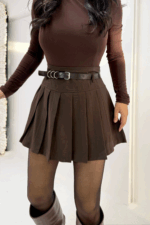 Kahverengi Pileli Kemerli Şort Etek