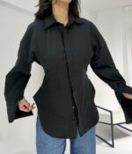 Siyah Belden Oturtmalı Gömlek - Görsel 4