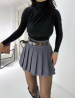 Gri Kemerli Pileli Şort Etek - Görsel 4