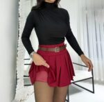 Bordo Kemerli Pileli Şort Etek - Görsel 2