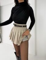 Bej Pileli Kemerli Şort Etek - Görsel 2
