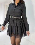 Siyah Dantel Detaylı Kemerli Mini Elbise - Görsel 4