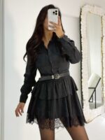 Siyah Dantel Detaylı Kemerli Mini Elbise - Görsel 10