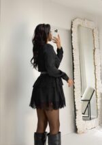 Siyah Dantel Detaylı Kemerli Mini Elbise - Görsel 3