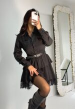 Siyah Dantel Detaylı Kemerli Mini Elbise - Görsel 2