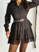 Siyah Dantel Detaylı Kemerli Mini Elbise - Görsel 8