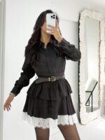 Kahverengi Dantel Detaylı Mini Elbise - Görsel 9