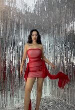 Kırmızı Astarlı Straplez Mini Elbise - Görsel 3