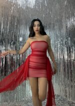 Kırmızı Astarlı Straplez Mini Elbise - Görsel 4