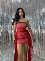 Kırmızı Astarlı Straplez Mini Elbise - Görsel 5