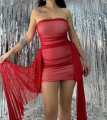 Kırmızı Astarlı Straplez Mini Elbise - Görsel 6