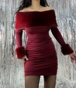 Bordo Kürk Detay Madonna Elbise - Görsel 4