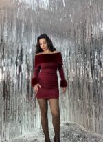 Bordo Kürk Detay Madonna Elbise - Görsel 2