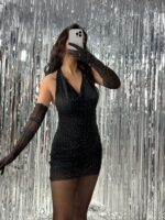 Siyah Taşlı Eldivenli Sırt Dekolteli Mini Elbise - Görsel 3