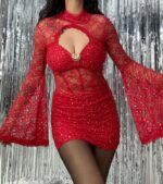 Kırmızı Pullu Mini Elbise - Görsel 4