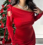 Kırmızı Kurdele Detay Mini Elbise - Görsel 4