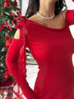 Kırmızı Kurdele Detay Mini Elbise - Görsel 7