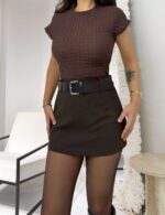 Acı Kahve Kemerli Şort Etek - Görsel 7