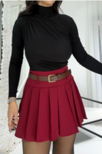 Bordo Kemerli Pileli Şort Etek