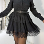 Siyah Dantel Detaylı Kemerli Mini Elbise