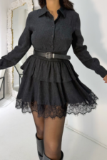 Siyah Dantel Detaylı Kemerli Mini Elbise