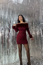 Bordo Kürk Detay Madonna Elbise