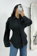 Siyah Belden Oturtmalı Gömlek