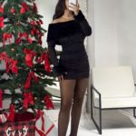 Siyah Kürk Detay Mini Elbise