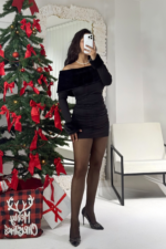 Siyah Kürk Detay Mini Elbise