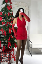 Kırmızı Taşlı Eldivenli Sırt Dekolteli Mini Elbise