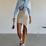 Bej Asimetrik Deri Etek