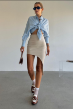 Bej Asimetrik Deri Etek