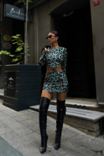 Mavi Leopar Desen Dekolteli Elbise