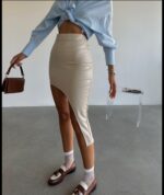 Bej Asimetrik Deri Etek - Görsel 2