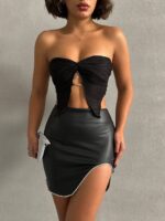 Siyah Oval Yırtmaçlı Taşlı Mini Etek - Görsel 2