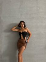 Taba Oval Yırtmaçlı Deri Mini Etek - Görsel 4