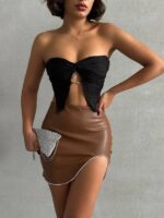 Taba Oval Yırtmaçlı Deri Mini Etek - Görsel 2