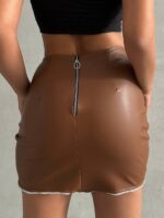 Taba Oval Yırtmaçlı Deri Mini Etek - Görsel 3