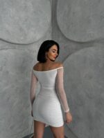 Beyaz Pullu Dekolteli Mini Elbise - Görsel 3