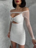 Beyaz Pullu Dekolteli Mini Elbise - Görsel 4