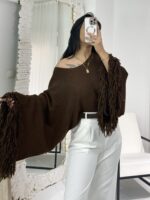 Acı Kahve Püsküllü Yarasa Kol Kazak - Görsel 6