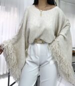 Krem Püsküllü Yarasa Kol Kazak - Görsel 2