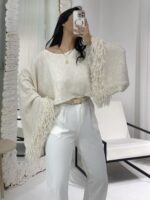 Krem Püsküllü Yarasa Kol Kazak - Görsel 4