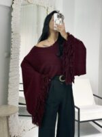 Bordo Püsküllü Yarasa Kol Kazak - Görsel 2