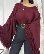 Bordo Püsküllü Yarasa Kol Kazak - Görsel 3