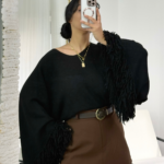 Siyah Püsküllü Yarasa Kol Kazak