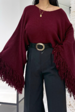 Bordo Püsküllü Yarasa Kol Kazak