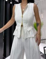 Beyaz Tensel Çift Fermuarlı Yelek - Görsel 3