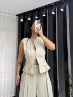 Bej Tensel Çift Fermuarlı Yelek - Görsel 6