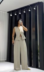 Bej Tensel Çift Fermuarlı Yelek - Görsel 8